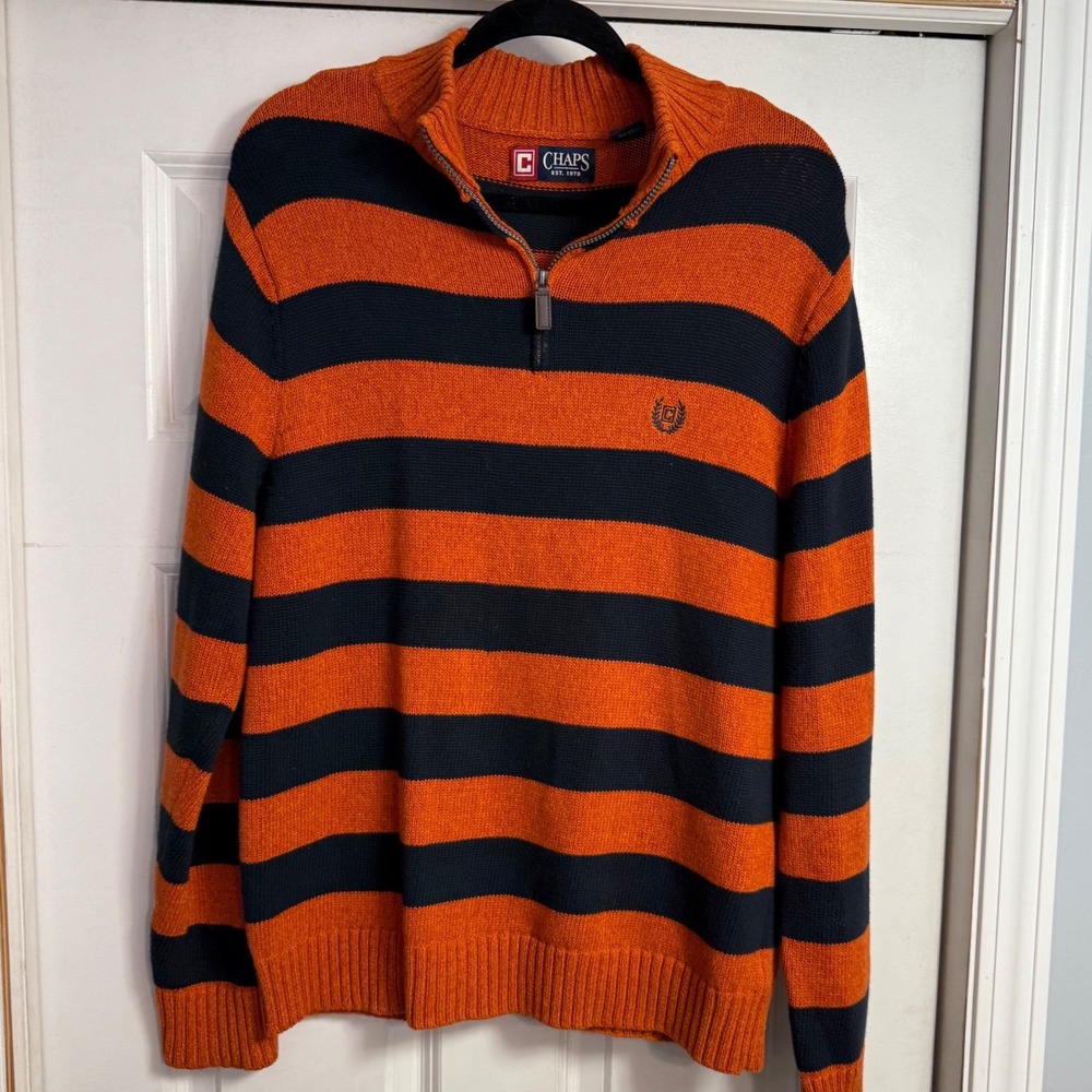 Chaps Mens Medium Orange Navy Blue Striped 1/4 Zip Cotton Mock Neck Sweater